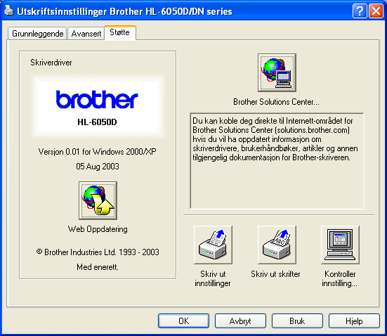 Kategorien Støtte Hvis du bruker Windows NT 4.0, Windows 2000 eller XP, kan du gå til kategorien Støtte ved å klikke på Utskriftsinnstillinger.