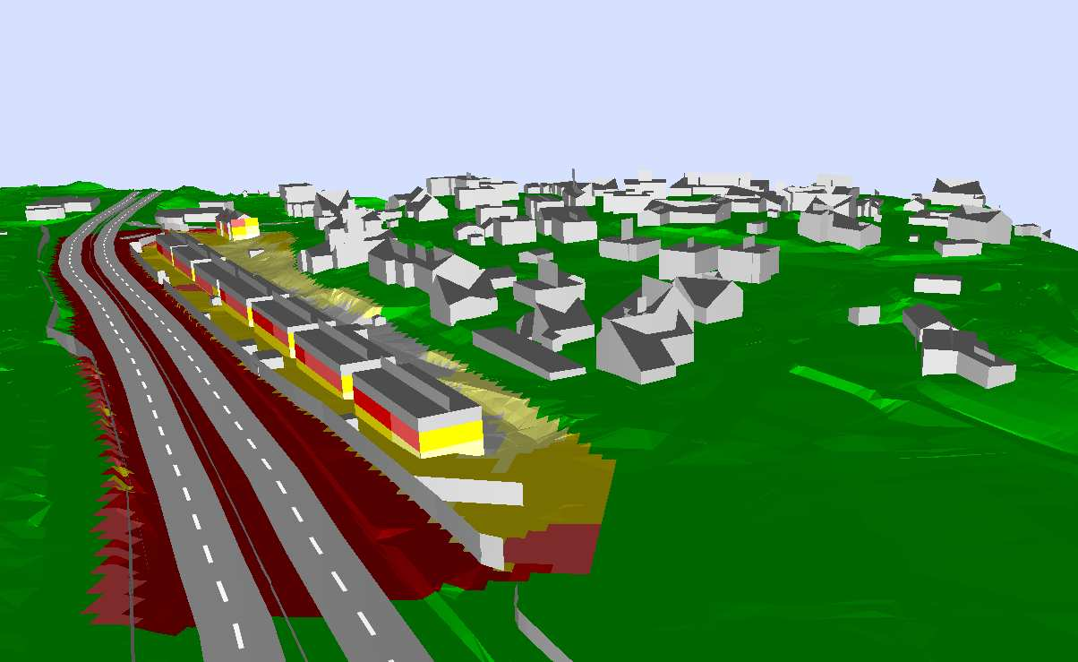 Støyskjermer rv150 Ullernveien 5 Beregningsresultater og konklusjoner På figur 3 nedenfor er det vist en illustrasjon fra bergningsmodellen samt beregningsresultater med støyskjerm høyde 3,5 m over