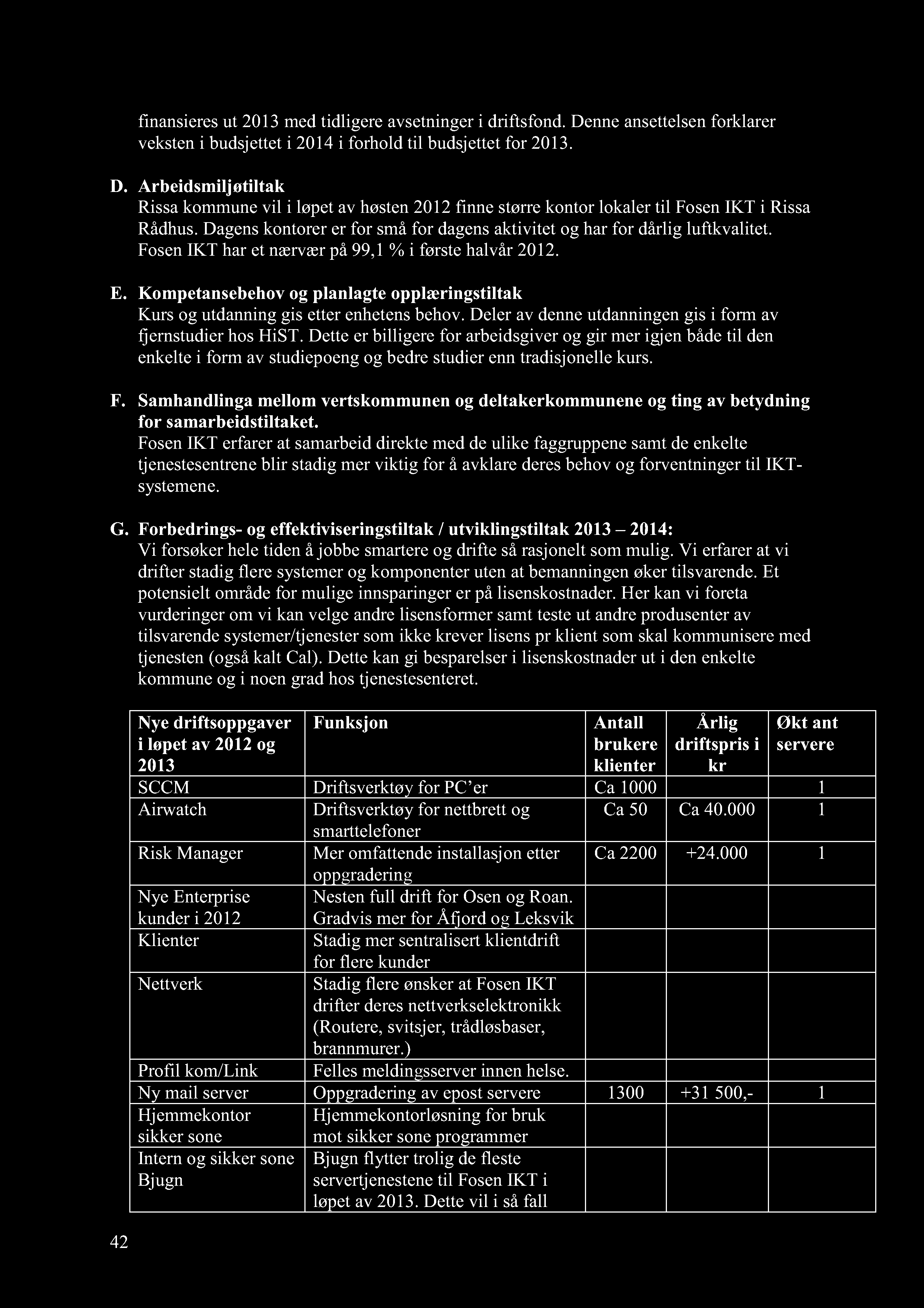 42 finansieres ut med tidligere avsetninger i dri ftsfond. Denne ansettelsen forklarer veksten i budsjettet i i forhold til budsjette t for. D. Arbeidsmiljøtiltak Rissa kommune vil i løpet av høsten finne stø re kontor lokaler til Fosen IKT i Rissa Rådhus.