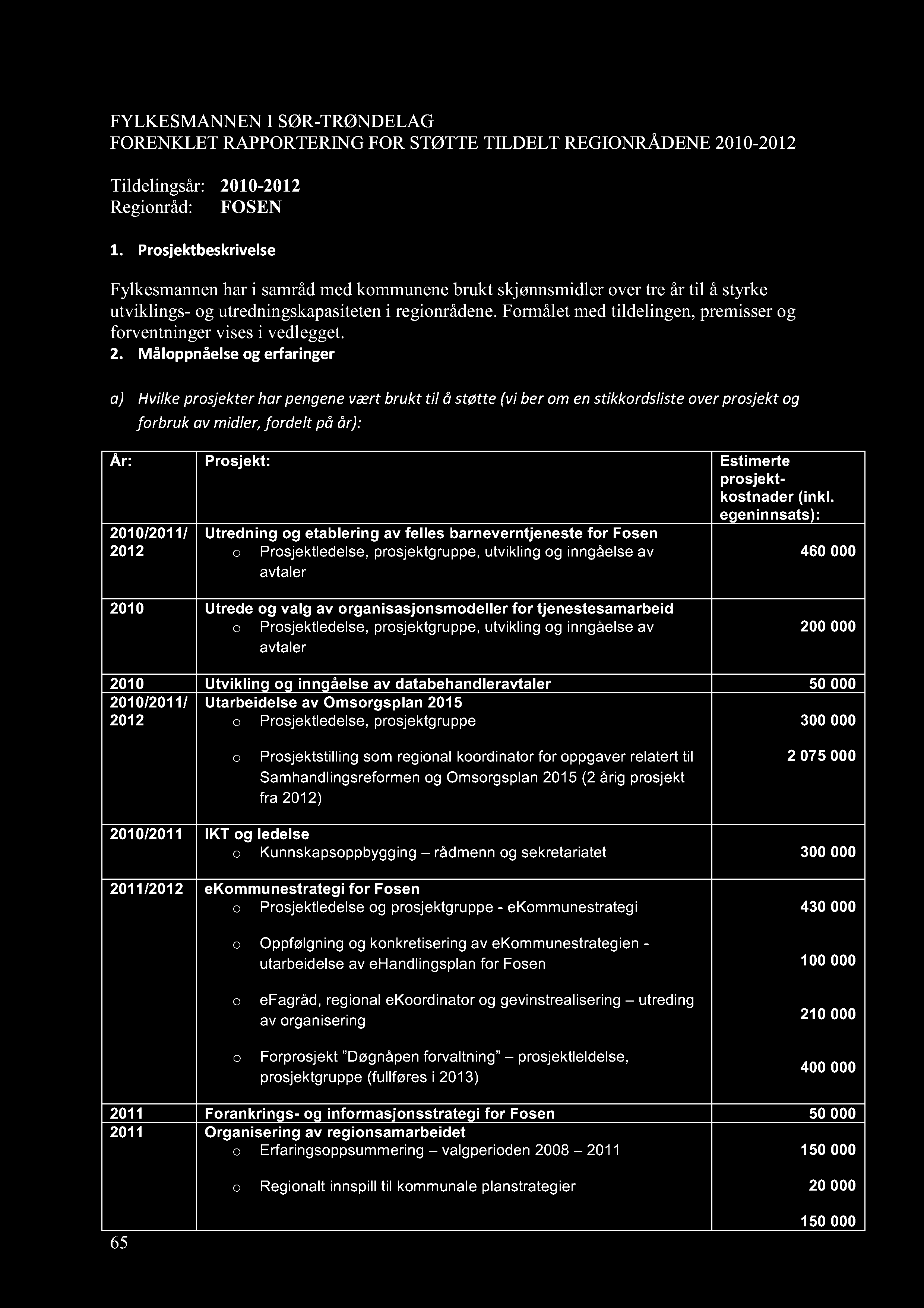 FYLKESMANNEN I SØR-TRØNDELAG FORENKLET RAPPORTERING FOR STØTTE TILDELT REGIONRÅD ENE 2010- Tildelingsår: 2010- Regionråd: FOSEN 1.