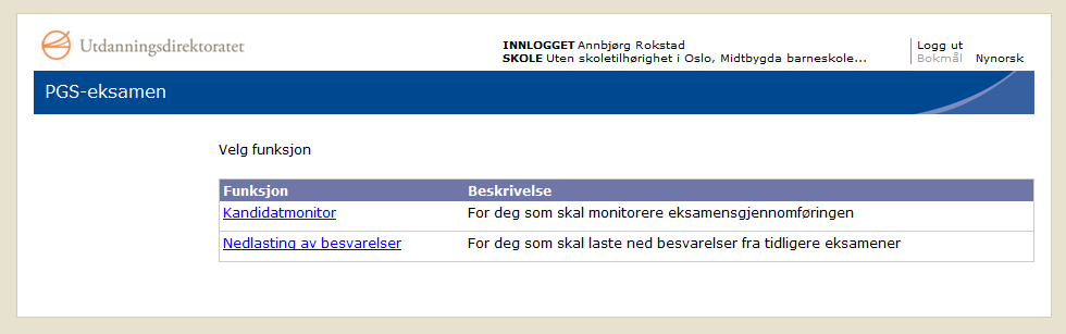 Logg inn (samme brukernavn, passord og svar på kontrollspørsmål som for PAS) 3.6.1 Kandidatmonitor Av sikkerhetsmessige grunner er det svært viktig at eksamensansvarlige bruker kandidatmonitoren.