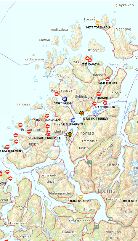 Figur 2.6 Lokalisering av lokaliteter for oppdrett av laksefisk i vannområdet Balsfjord-Karlsøy.