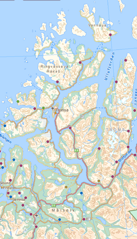 Figur 2.4 Viser lokaliseringen av de større drikkevannsuttakene i vannområdet Balsfjord-Karlsøy. Det er under utredning en rekke nye vannkraft-utbygginger.