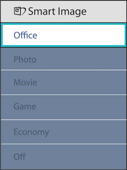 Seks moduser kan velges: Office (Kontor), Photo (Foto), Movie (Film), Game (Spill), Economy (Økonomisk) og Off (Av). 3.2 SmartContrast Hva er det?