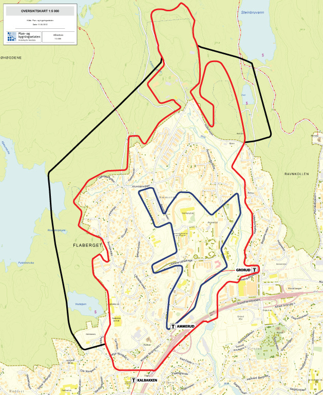 Bildet viser planavgrensningen av Ammerud er markert med rødt (den midterste avgrensingen), særlig innsatsområde er markert med blått (den innerste avgrensingen) og influensområde er markert med