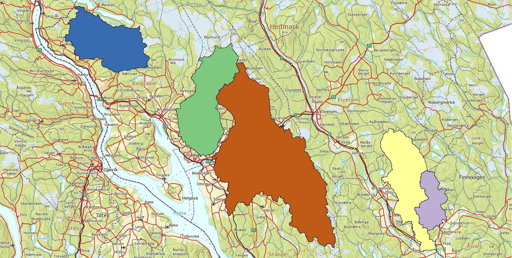 Delnedbørfelter og grunnlagsinformasjon Delnedbørfeltene som det er beregnet for er vist i Figur 1. Figur 1. De utvalgte delfeltene i Hedmark fylke, vannområdene Glomma/Mjøsa.