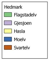 Resnr1 Delnedbørfelt Areal (daa) Middel EHP (kg/daa) Middel P-AL (g/1 g) Hedmark1 Flagstadelv 27 449 11 12 Hedmark2 Gjesjoen 9 875 81 11 Hedmark3 Hasla 25 18 85 6 Hedmark4 Moelv 8 551 116 11