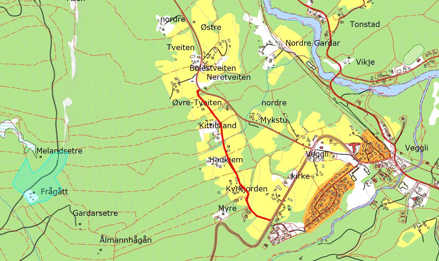 KYRKJEBYGDE Fra FV 108 til FV 109 over Haukjem KYRKJEBYGDE.