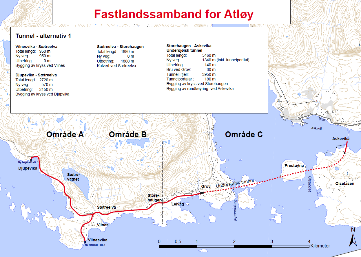 Alt 3: Lang undersjøisk tunnel Figur 5 Lang tunnel som oppfyller krava i vegnormalane Dette alternativet inneber ein tunnel på 3950 meter der ein held seg innanfor vegnormalane sine krav til