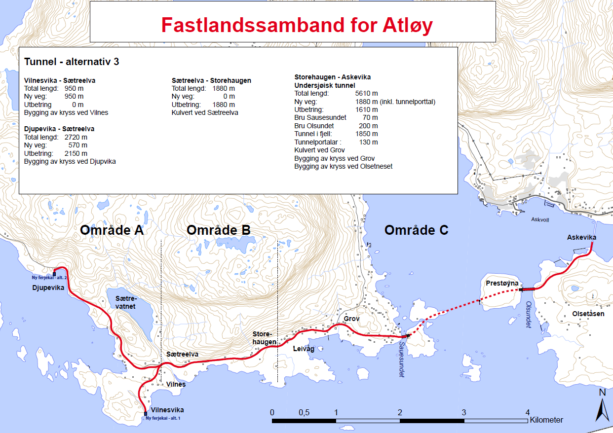 Alt 5: Kort tunnel Figur 7 Kort tunnel som vist i hovudplanen og som krev omfattande fråvik både frå krav om overdekning og stigning Alternativet fylgjer traseen i hovudplanen.