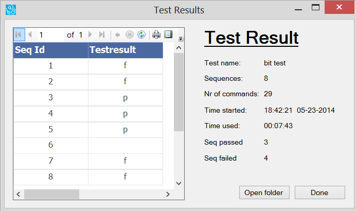 Teknologidokument Software Under ser du et eksempel på hvordan Test Result vindu ser ut. Til høyre på bilde ser man resultatet av hver sekvens i testen.