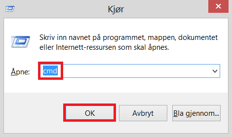 Installasjonsguide For å åpne dette vindu, trykk + r på tastaturet. Skriv cmd og trykk OK.