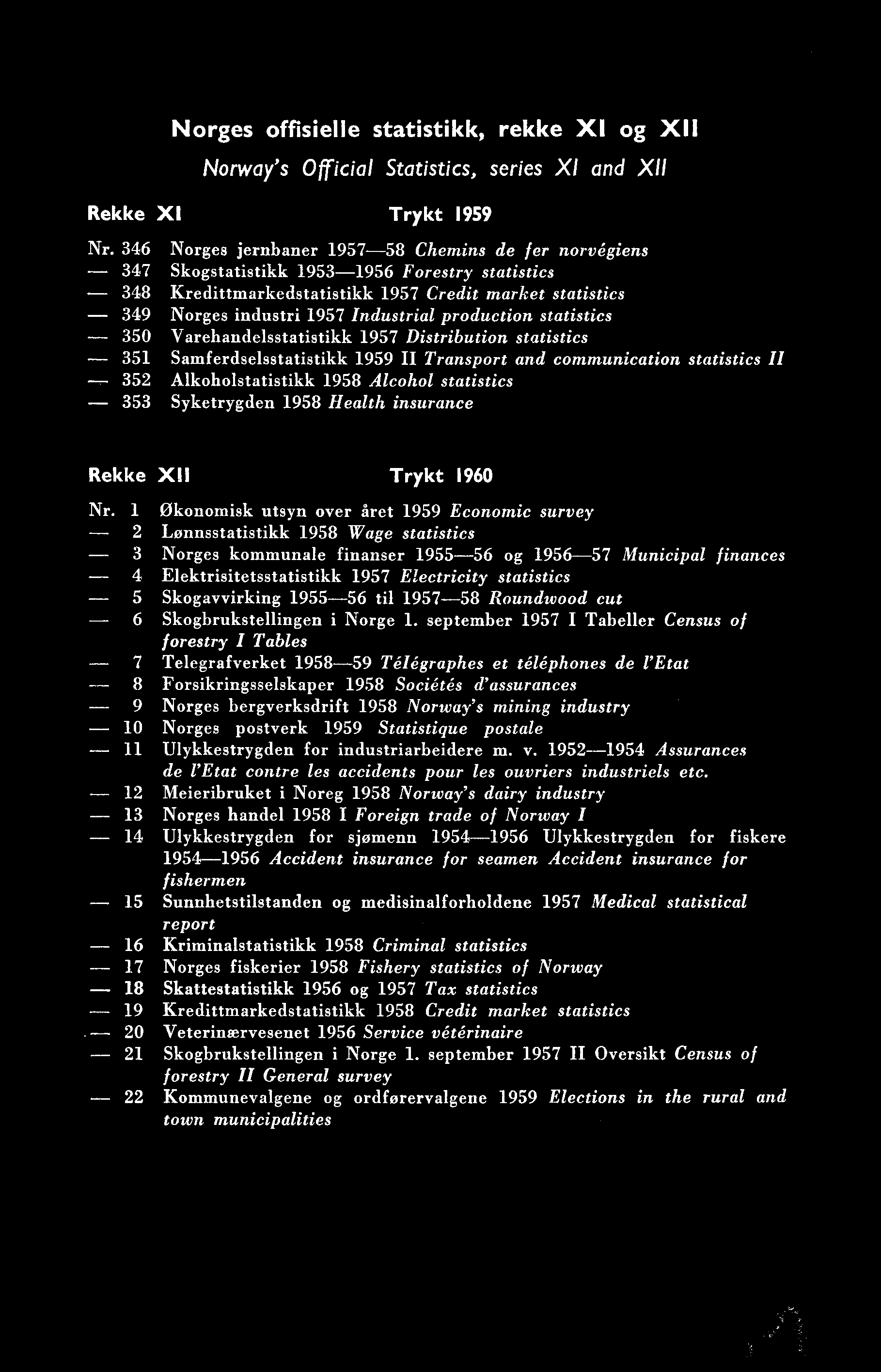 1 Økonomisk utsyn over året 1959 Economic survey 2 Lønnsstatistikk 1958 Wage statistics 3 Norges kommunale finanser 1955-56 og 1956-57 Municipal finances Elektrisitetsstatistikk 1957 Electricity
