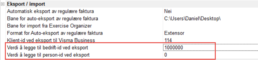 På bildet over ser vi at vi har lagt til 1 000 000 på BedriftID-en fra Extensor ved eksport. Dvs. at bedrift nr. 1001 ikke vil bli eksportert som nr.