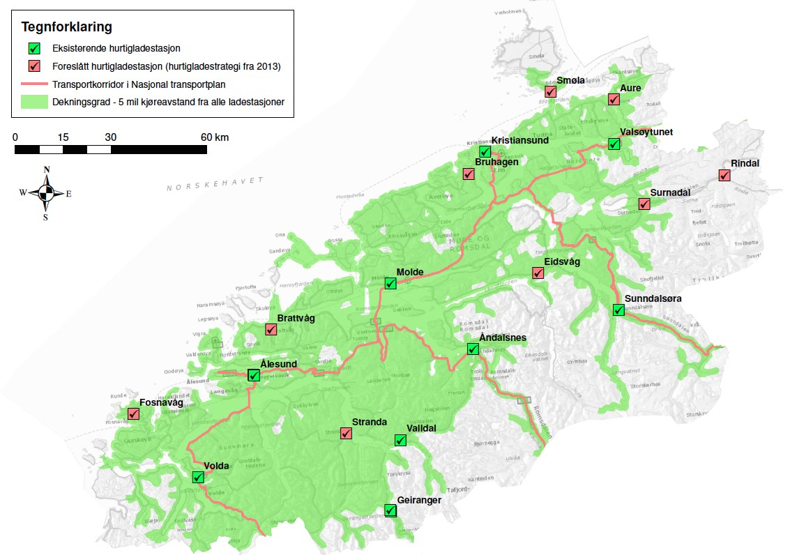 Følgjande hurtigladarar er ferdigstilt per august 2015: Stranda Rauma Sunndal Kristiansund Figur 1: Kartet viser hurtigladestasjonane etter hurtigladestrategien i Møre og Romsdal.