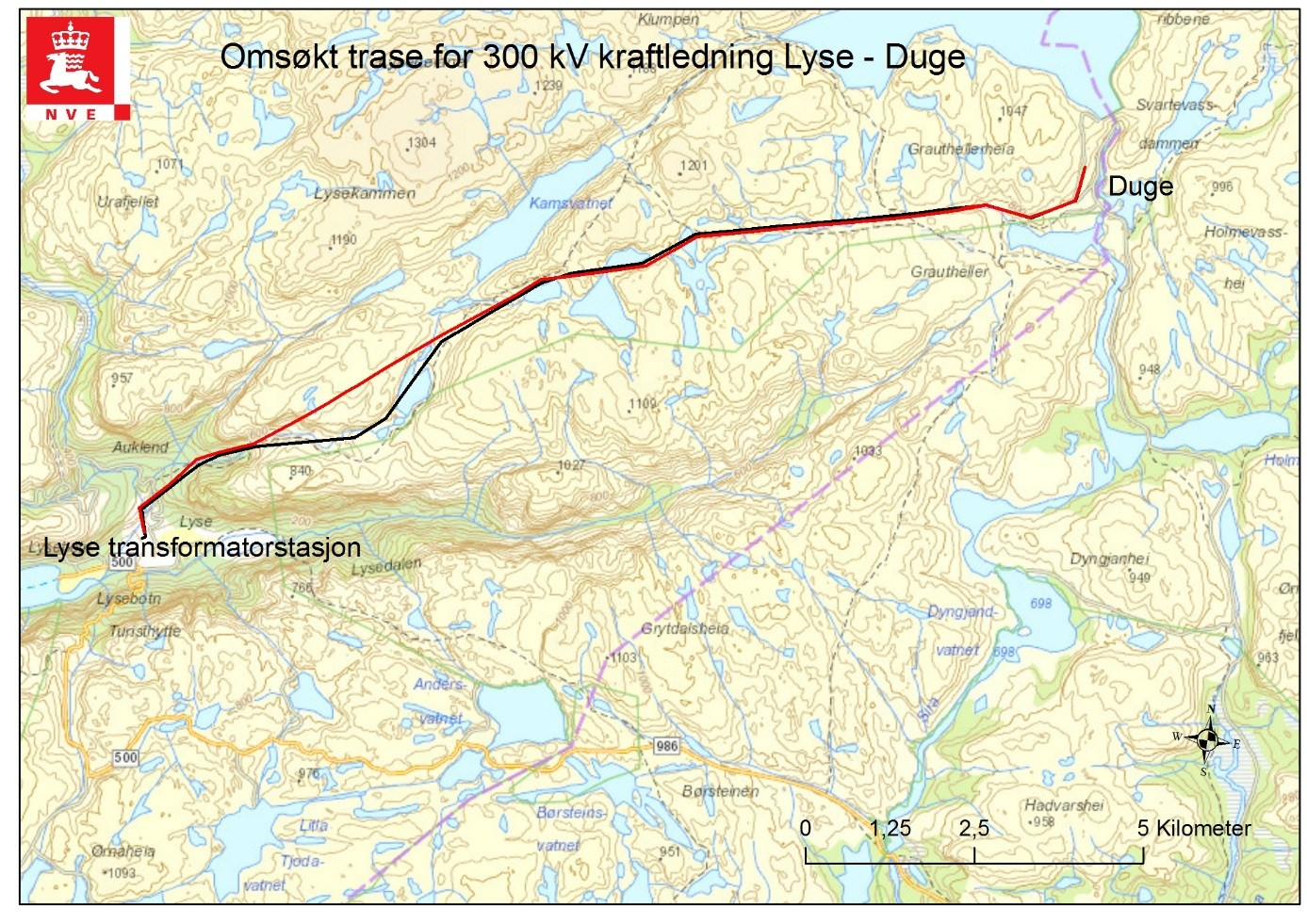 Side 5 Figur 2 - Oversiktskart over omsøkte (rød strek) og eksisterende (svart strek) 300 kv-ledning mellom Lyse transformatorstasjon og Duge.