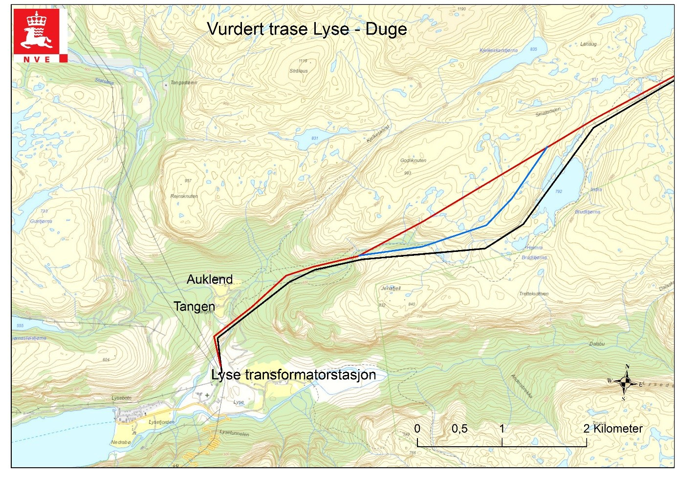 Side 17 Figur 6 - vurdert trasé ved Godliknuten. Svart strek viser dagens ledning som skal rives. Rød strek viser omsøkte trasé, mens blå strek viser vurdert trasé.