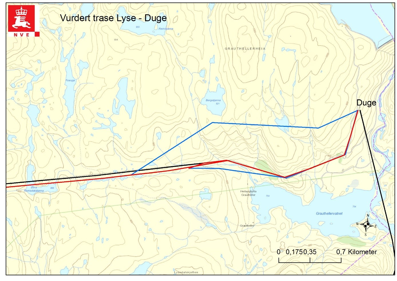 Side 18 Figur 7 - vurderte traseer ved Grautheller. Rød strek viser omsøkte ledning. Svart strek viser dagens ledning som skal rives (med unntak av ledningen som går nord/sør lengst øst i artet.