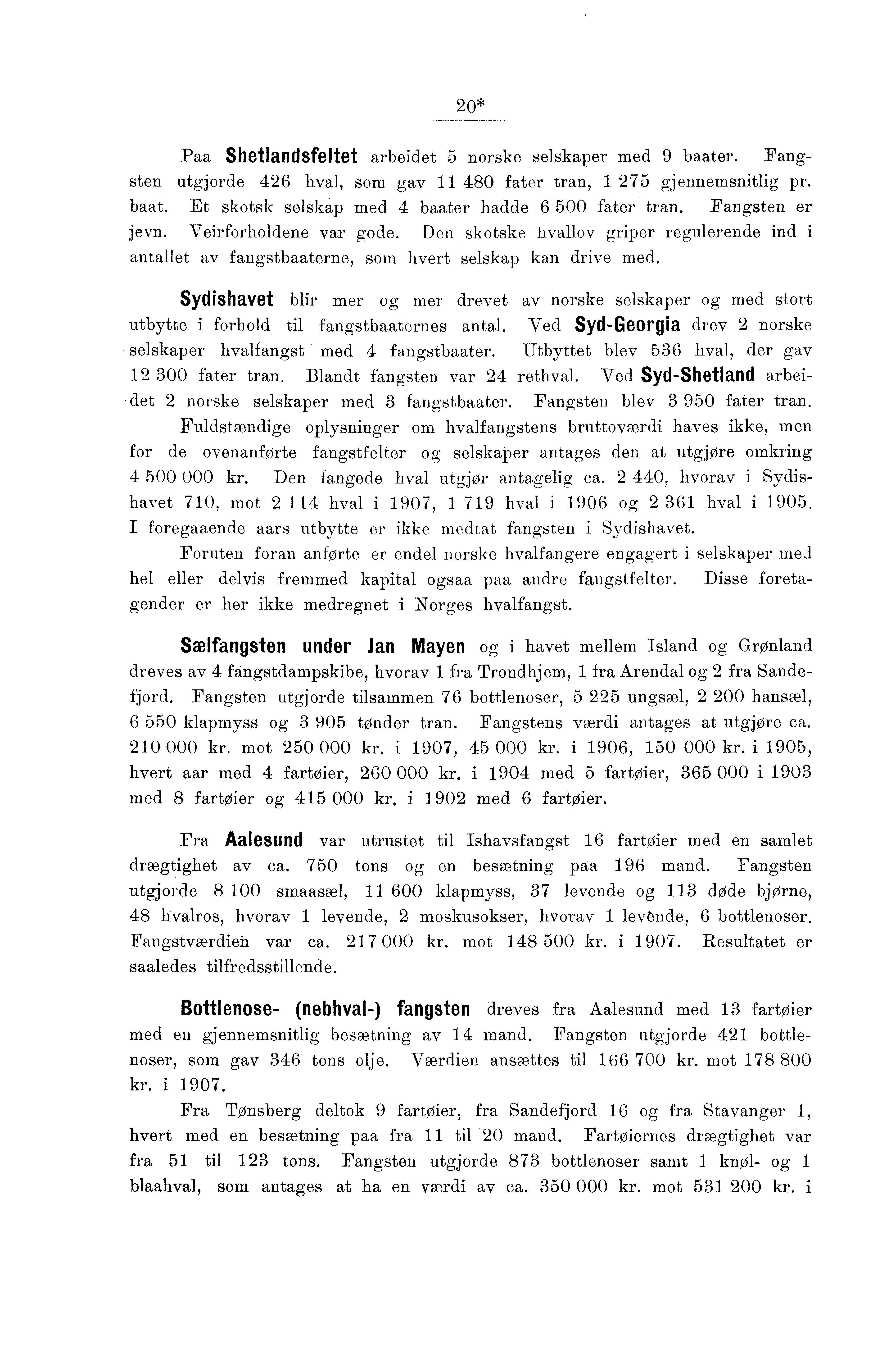 0* Paa Shetlandsfeltet arbeidet norske selskaper med baater. Fangsten utgjorde hval, som gav 0 fater tran, gjennemsnitlig pr. baat. Et skotsk selskap med baater hadde 00 fater tran. Fangsten er jevn.