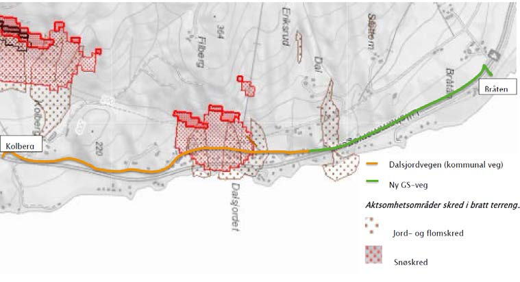 Skred Deler av gs-strekningen ligger innenfor aktsomhetsområdet for jord- flomskred, jf. fig. 8 og www.skrednett.no.