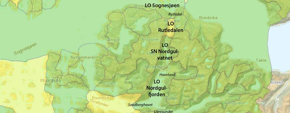 4.2 Delstrekning 1 Sløvåg-Rutledal Figur 4.1 Kartlagde landskapsverdiar på lokalt nivå i delstrekning 1 Sløvåg- Rutledal, basert på Uttakleiv (2009).