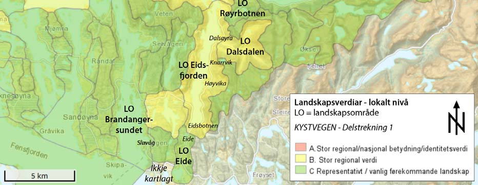 Gulen er av Uttakleiv (2009) stort sett vurdert til å vere representativt/vanleg førekomande landskap (C) i ein større landskapssamanheng (regionalt nivå), men på lokalt nivå går traseen inn i tre