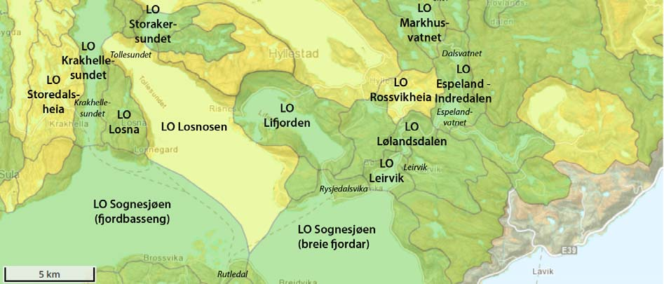 Traseen vidare nordover mot Rutledal følgjer stort sett dagens veg, og det er ikkje registrert store konfliktar knytt til regionale landskapsverdiar eller store landskapsinngrep. 4.