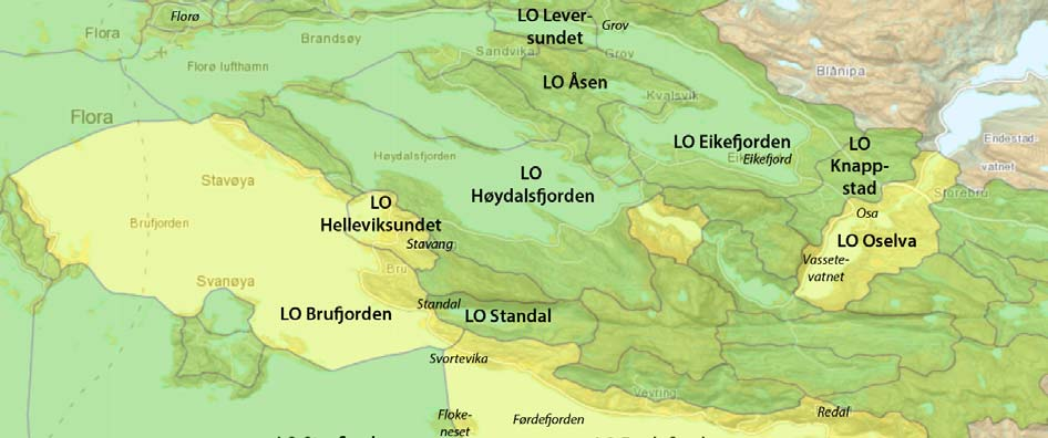 4.4 Delstrekning 3 Dalsfjordbrua-Grov (rv. 5) Figur 4.5 Kartlagde landskapsverdiar på lokalt nivå i delstrekning 3 Dalsfjordbrua-Grov (rv.5), basert på Uttakleiv (2009).