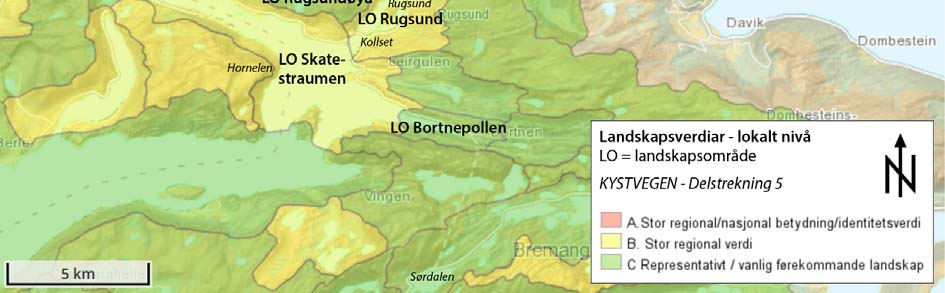 Gjennom LO Myklebustdalen (vanleg førekomande landskap) til Indrehus går traseen langs dagens fv.