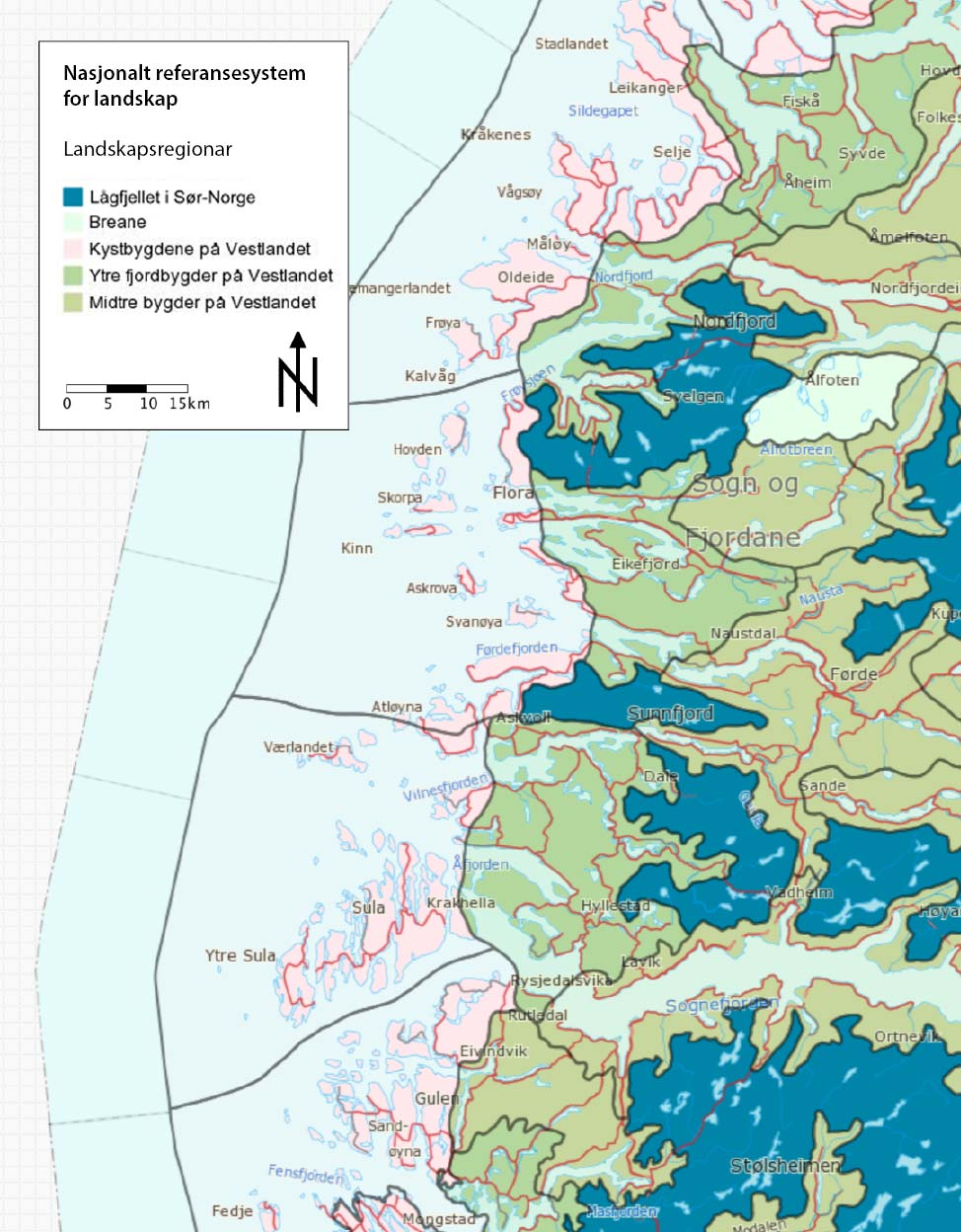 Figur 3.1 Landskapsregionar langs kysten av Sogn og Fjordane, basert på Nasjonalt referansesystem for landskap (Puschmann 2005). Kartgrunnlag: Kilden, NIBIO. 3.2 Landskapskartlegging av kysten i Sogn og Fjordane Ser ein på landskapsverdiar på regionalt nivå med utgangspunkt i Fylkesatlas.