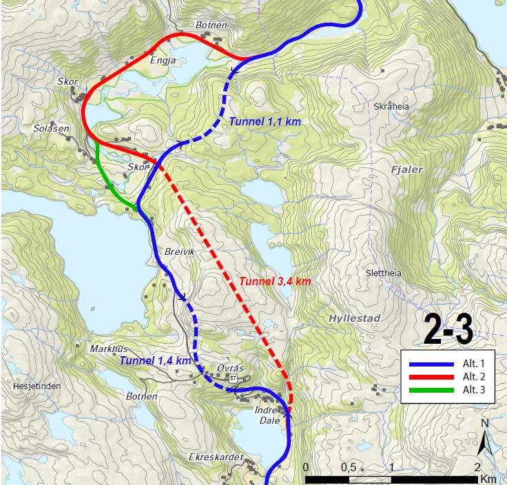 Øvrås og Skor Forbi Øverås og Skor er det vurdert nokre alternative vegtrasear. Over Øvrås er det stigning som kunne blitt unngått ved å legge vegen i lang tunnel frå Indre Dale til Skor.