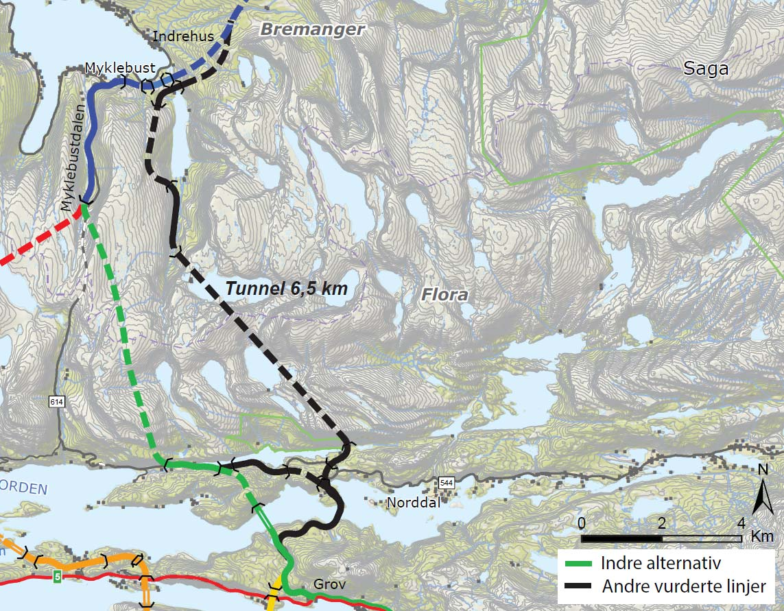 D4 Grov Sørdalen Indre alternativ variant aust for Myklebustdalen Det er vurdert ein variant aust for dagens fv. 614, vist med svart linje nedanfor.