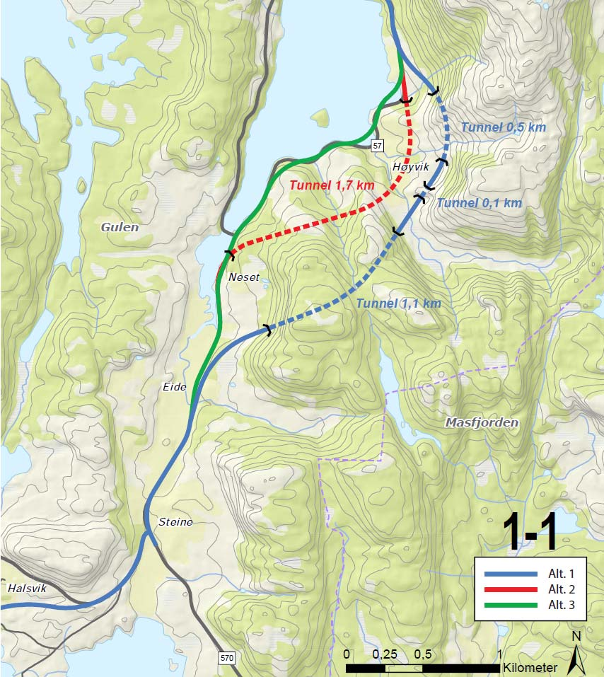 D1 Sløvåg Rutledal Høyvika Gjennom Høyvika er 2 andre alternativ vurdert, daglinje (grøn linje) og tunnel bak Høyvika (raud linje).