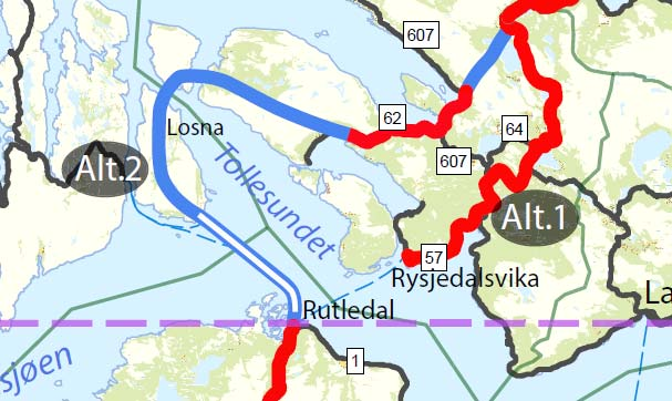 D2 Rutledal Dalsfjordbrua Ferjefri kystveg via Solund Ferjefri kryssing av Sognefjorden som inkluderer fastlandssamband til Solund er vurdert i utgreiinga, i tråd med vedtaket i Fylkeskommune.