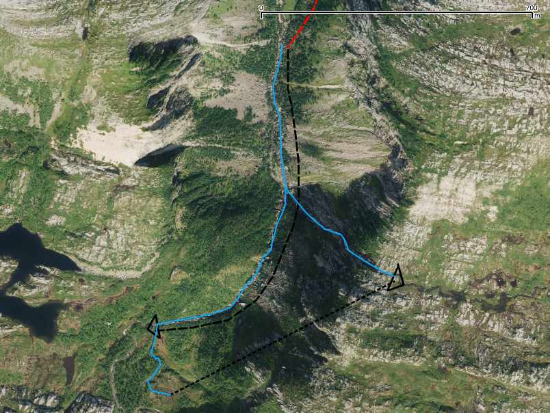 Kraftutbygging i Sørdalselva, Rødøy Biologiske utredninger 5.4 Ecofact rapport 249 Terrestrisk miljø 5.4.1 Området langs rørgata Figur 8. Flybilde med rørgate, tunnel og berørte elver inntegnet.