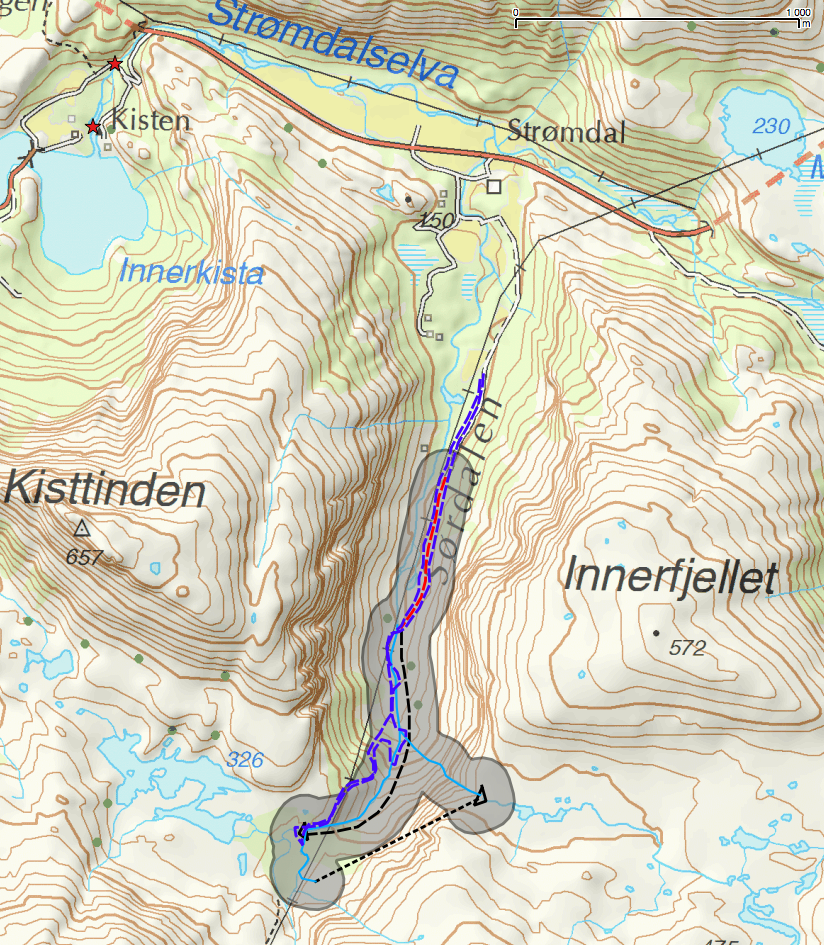 2,8 km 2 ). Restfeltet har en størrelse i forhold til dette på hhv 1 km 2 og 0,3 km 2. Røret graves ned på sør og østsiden av elva og planlegges revegetert.