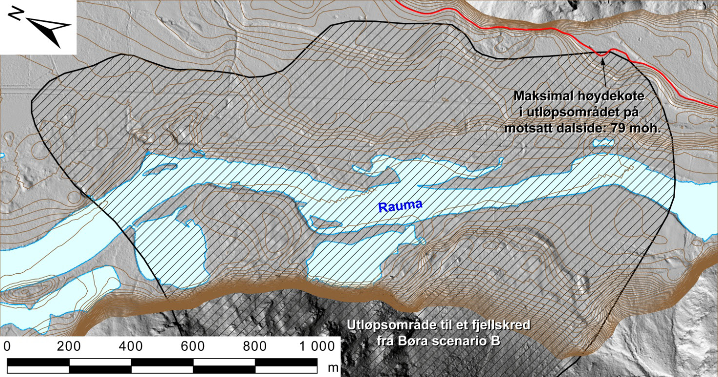 Figur 22: Eksempel på en delvis blokkering av dalen (Børa scenario B i Romsdalen): ytterkanten av fjellskredavsetningene har en maksimal høyde på 79 moh.