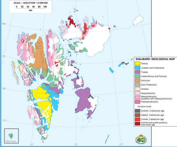 Figur 3.1: Forenklet geologisk kart over Svalbard. Modifisert kart fra Norsk Polarinstitutt. Agardhbukta er markert med rød stjerne.