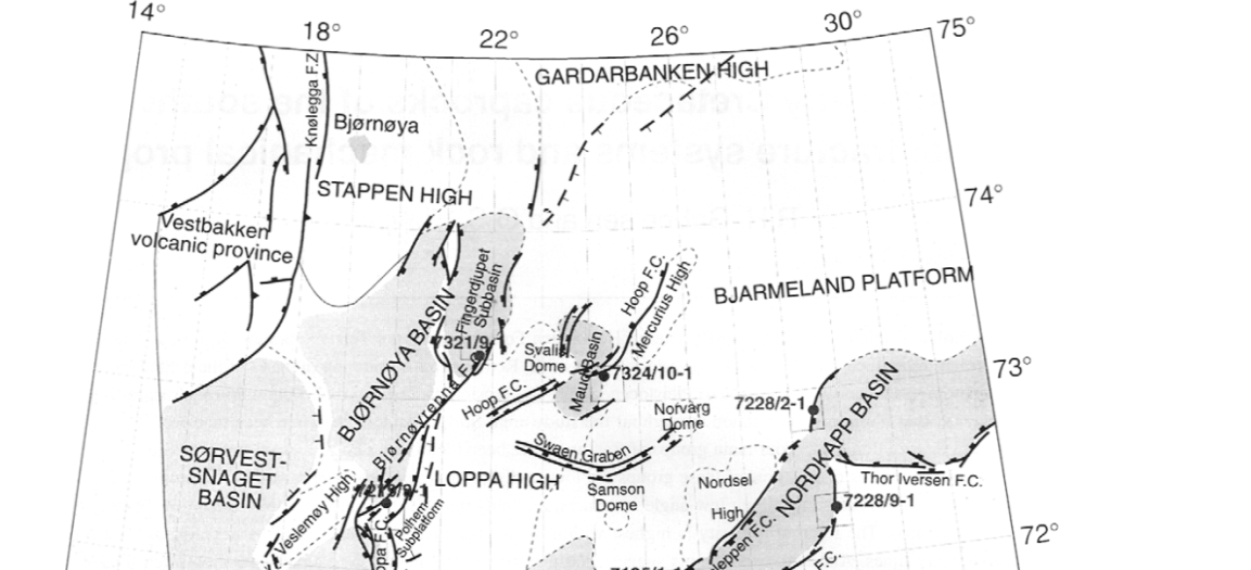 Figur 3.4: Strukturelle hovedelementer i sørvestlig del av Barentshavet. Figur fra Gabrielsen og Kløvjan 1997. Brønn 7120/12 1 som inngår i studiet er merket med rødt.