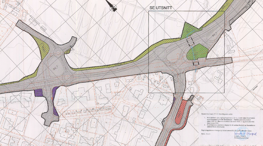 Skravurer betyr at det er krav om en områdereguleringsplan) Fri =friområde dvs elveparken Den grå fargen viser området avsatt til ny rv 80.