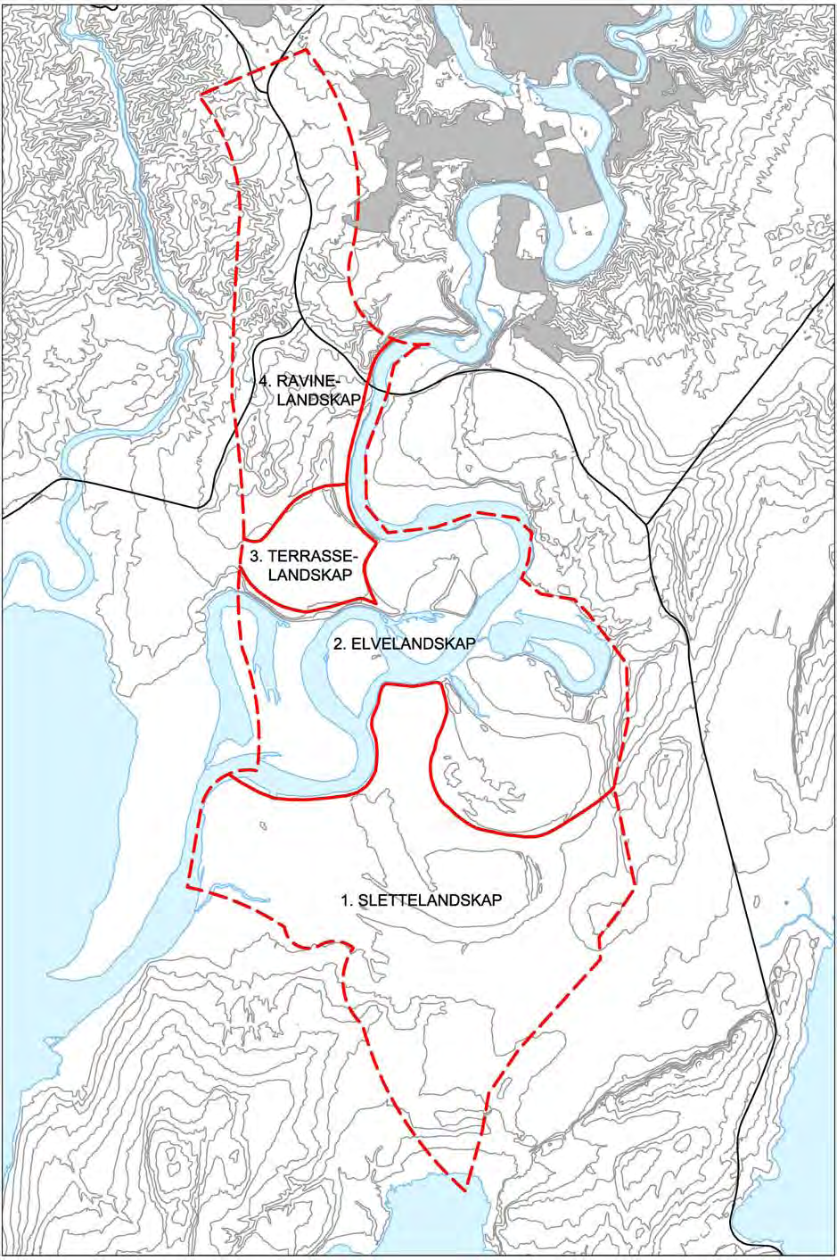 11. Enhetlige landskapstyper i tilleggsområde 1 / 7/: 8. Slettelandskap omfatter de flate partiene fra Tyrifjorden og avgrenses mot Storelvas strandsone.