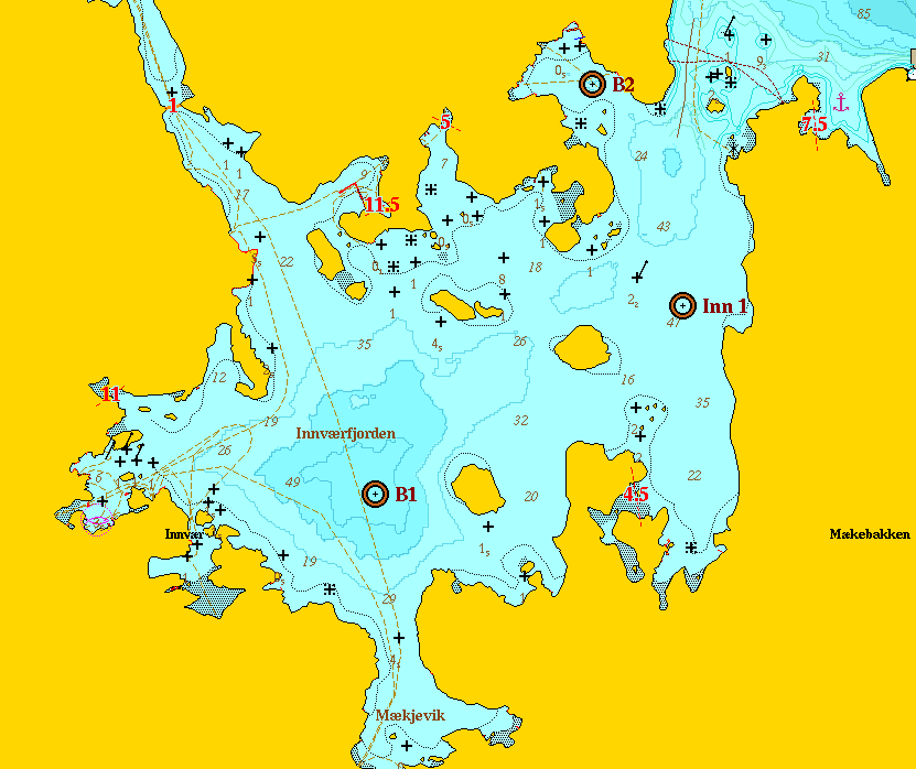 Kartutsnitt fra området i Innværfjorden med innsamlingsstasjonene markert.