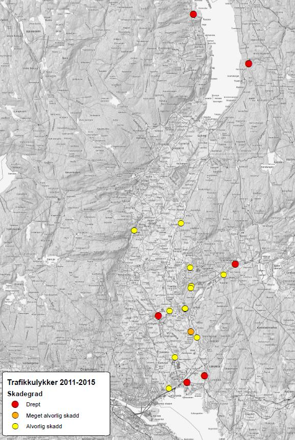 LIER kommune 2006 2015 7 av 13 Figur 6 Ulykkeskart med drepte og hardt skadde 2011 2015 I perioden 2011 2015 er E18 vegen som har hatt flest alvorlige ulykker med 7 (av totalt 19) ulykker med 3