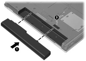 2. Skyv batteriet inn i batteribrønnen (1) til det sitter på plass. Batterilåsen (2) vil automatisk låse batteriet på plass. Slik tar du ut batteriet: 1.