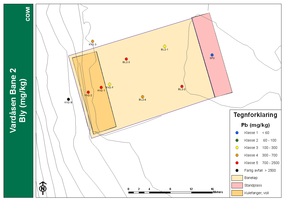 Bane 2 Fig. 13. Illustrasjon av tilstandsklasser i måle- og prøvepunkt på bane 2. Kartleggingen viser at akseptverdiene på flaten er overskredet i et område i bakkant av kulefanger.