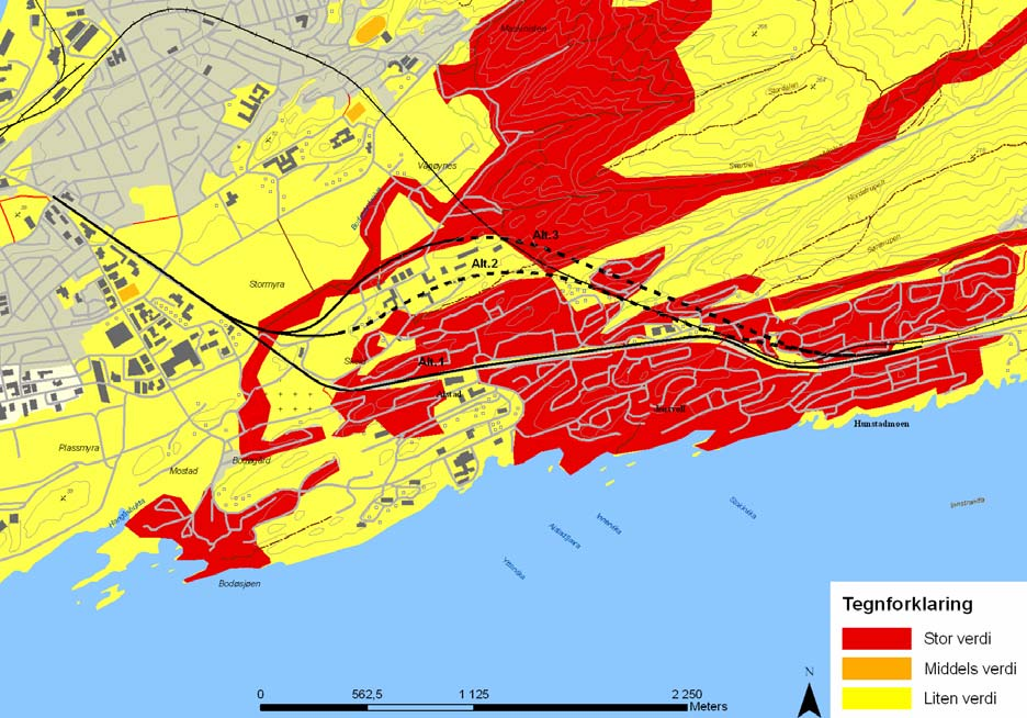 Delstrekning 3 Hunstadmoen Thallekrysset Fig. 120 Temakart: Verdikart nærmiljø og friluftsliv delstrekning 3 Hunstadmoen Thallekrysset.