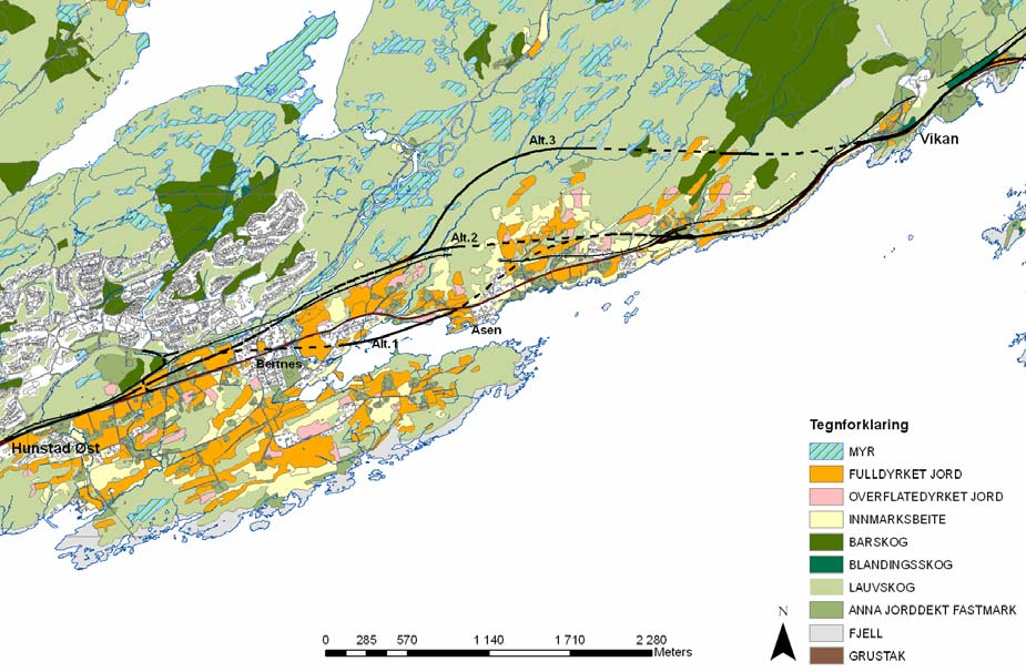 Delstrekning 2 Vikan Hunstad Øst På denne delstrekningen er det jord og skogbruks arealer langs