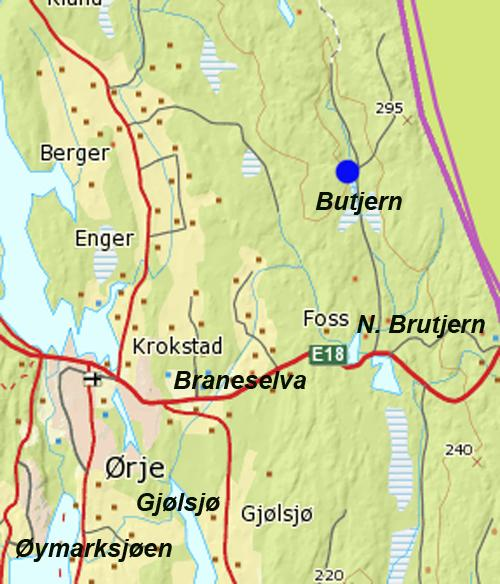 5 2. Områdebeskrivelse Butjern i Marker (UTM-koordinater 653623, 6599482) ligger like ved riksgrensen øst for Ørje, vel to km nord for E-18 (se forsidebilde, figur 1 og figur 2).