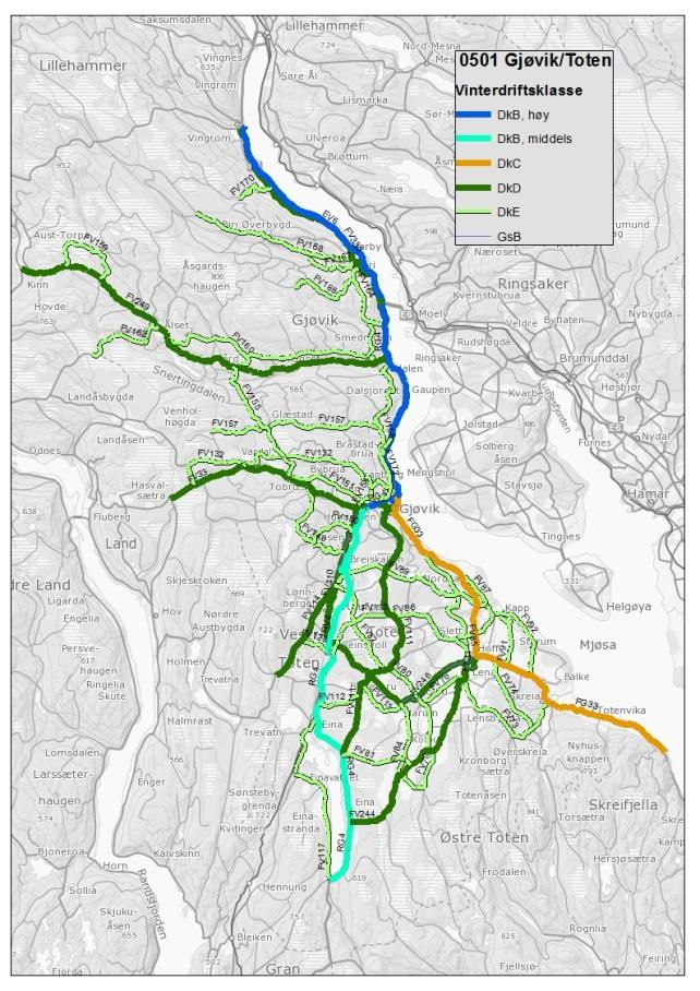 5.2.2 0501 Gjøvik/Toten 5.2.2.1 Kontraktsinformasjon Kontraktsområde: 0501 Gjøvik/Toten Kontraktsperiode: 2013-2018 Entreprenør: Mesta AS Vegnett i vinterdriftsklasser: DkB, høy: 42