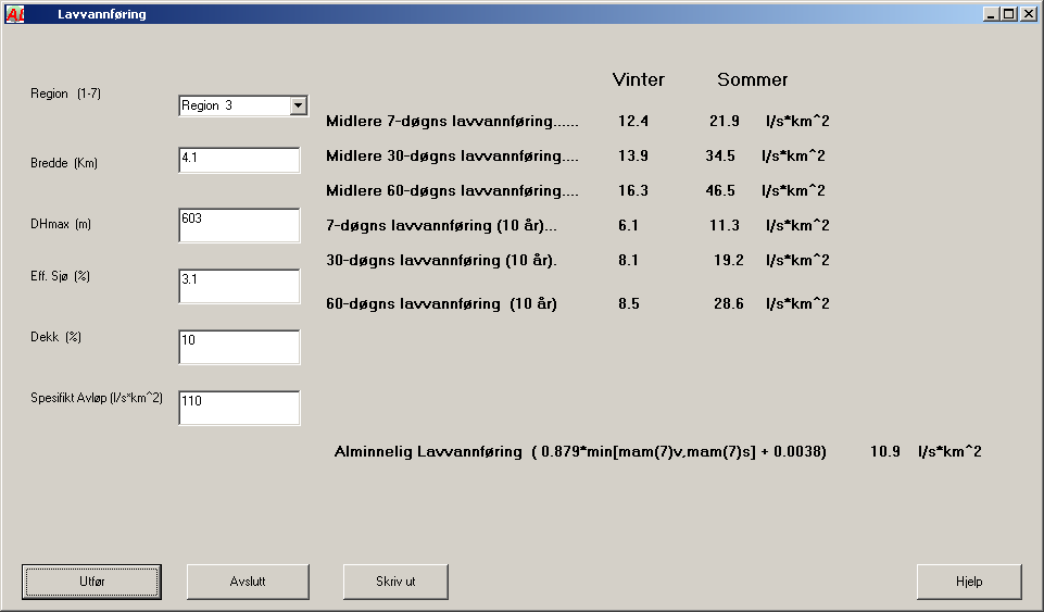 Brukerprogram for estimering av alminnelig lavvannføring kjøres fra NVEs STARTsystem under navnet LAVVANN.